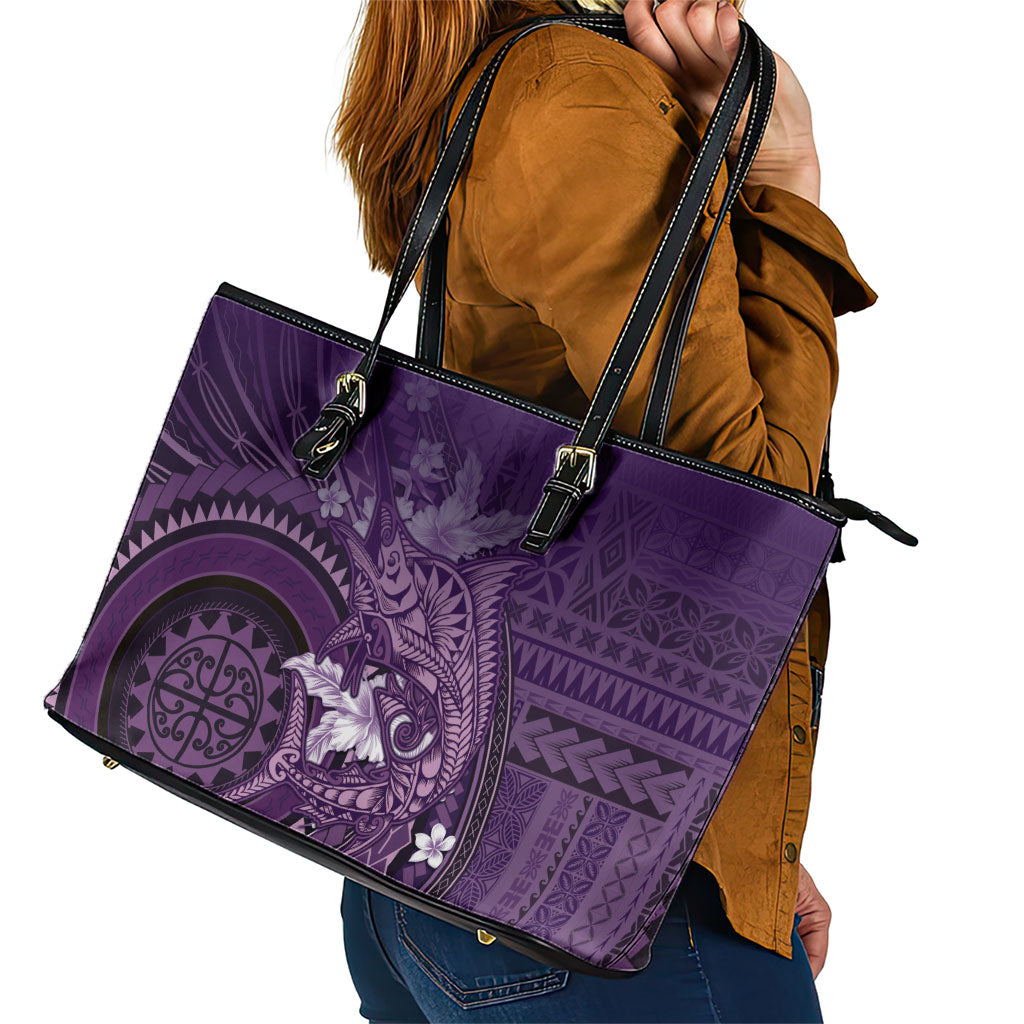 Samoa Tatau Marlin Leather Tote Bag With Siapo Motifs Violet LT05 - Polynesian Pride