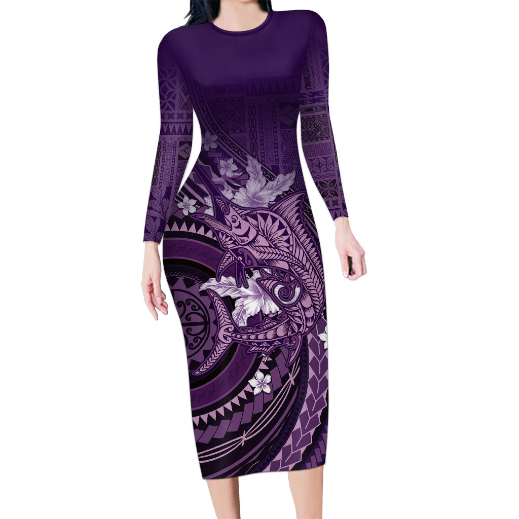 Samoa Tatau Marlin Long Sleeve Bodycon Dress With Siapo Motifs Violet LT05 Long Dress Violet - Polynesian Pride