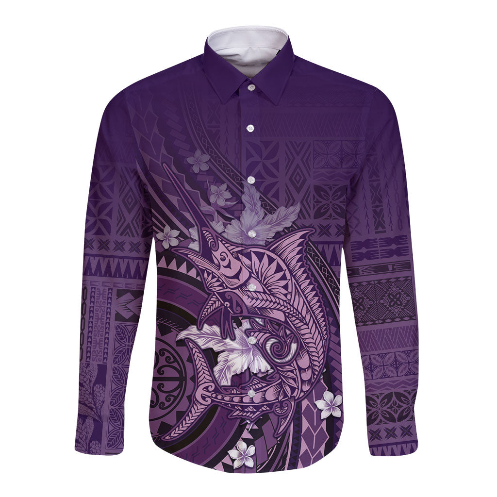 Samoa Tatau Marlin Long Sleeve Button Shirt With Siapo Motifs Violet LT05 Unisex Violet - Polynesian Pride