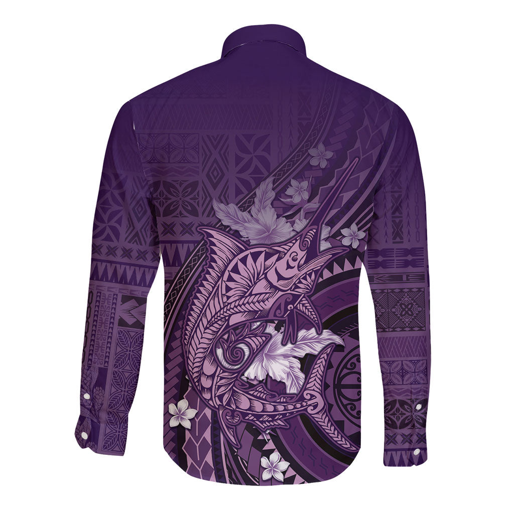 Samoa Tatau Marlin Long Sleeve Button Shirt With Siapo Motifs Violet LT05 - Polynesian Pride