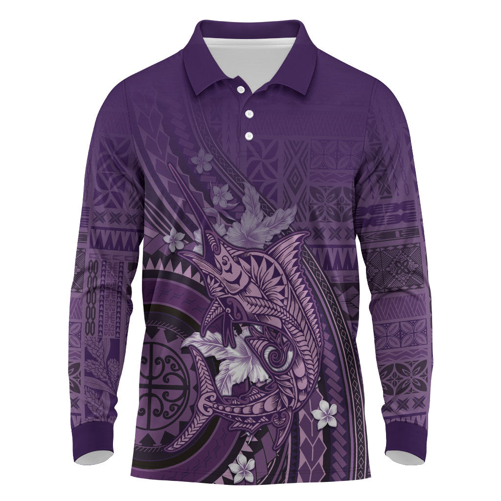 Samoa Tatau Marlin Long Sleeve Polo Shirt With Siapo Motifs Violet LT05 Violet - Polynesian Pride
