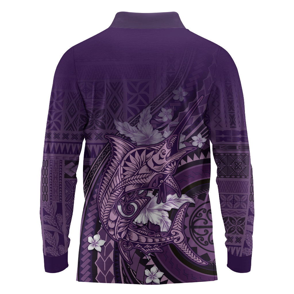 Samoa Tatau Marlin Long Sleeve Polo Shirt With Siapo Motifs Violet LT05 - Polynesian Pride