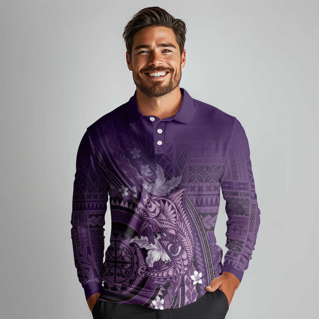 Samoa Tatau Marlin Long Sleeve Polo Shirt With Siapo Motifs Violet LT05 - Polynesian Pride