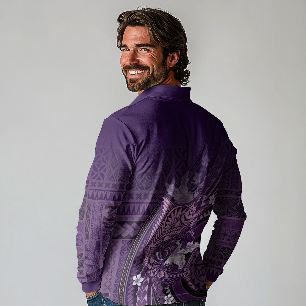 Samoa Tatau Marlin Long Sleeve Polo Shirt With Siapo Motifs Violet LT05 - Polynesian Pride