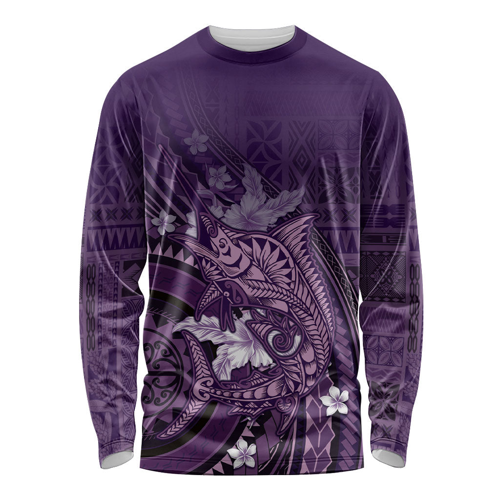 Samoa Tatau Marlin Long Sleeve Shirt With Siapo Motifs Violet LT05 Unisex Violet - Polynesian Pride