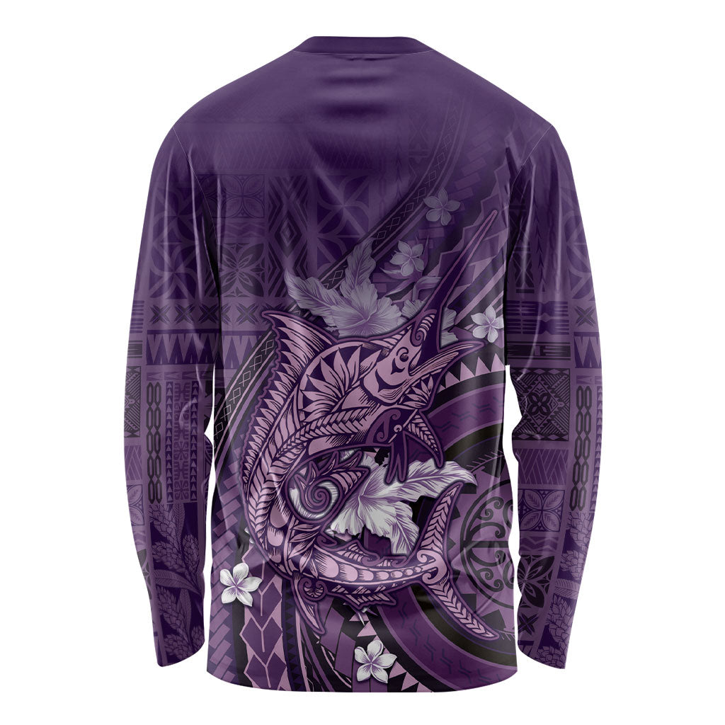Samoa Tatau Marlin Long Sleeve Shirt With Siapo Motifs Violet LT05 - Polynesian Pride