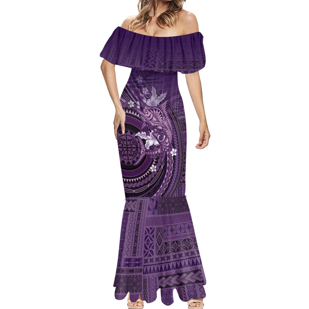 Samoa Tatau Marlin Mermaid Dress With Siapo Motifs Violet LT05 - Polynesian Pride