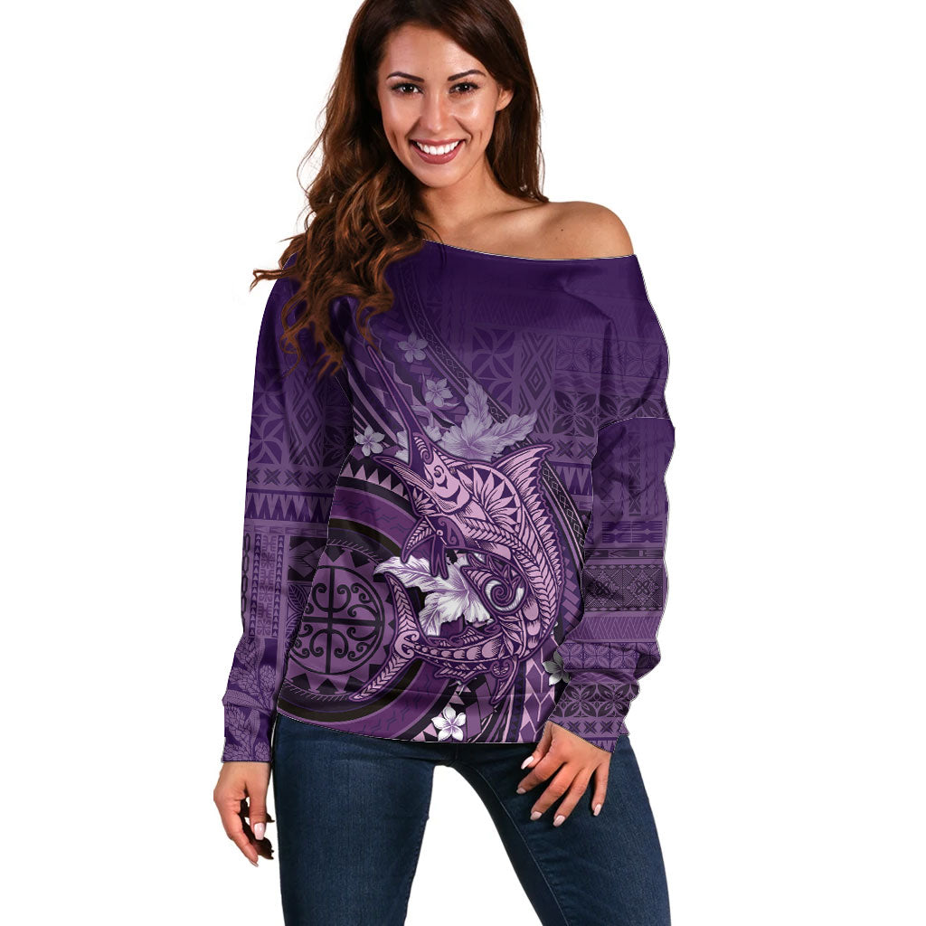 Samoa Tatau Marlin Off Shoulder Sweater With Siapo Motifs Violet LT05 Women Violet - Polynesian Pride