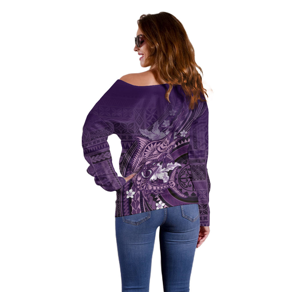 Samoa Tatau Marlin Off Shoulder Sweater With Siapo Motifs Violet LT05 - Polynesian Pride