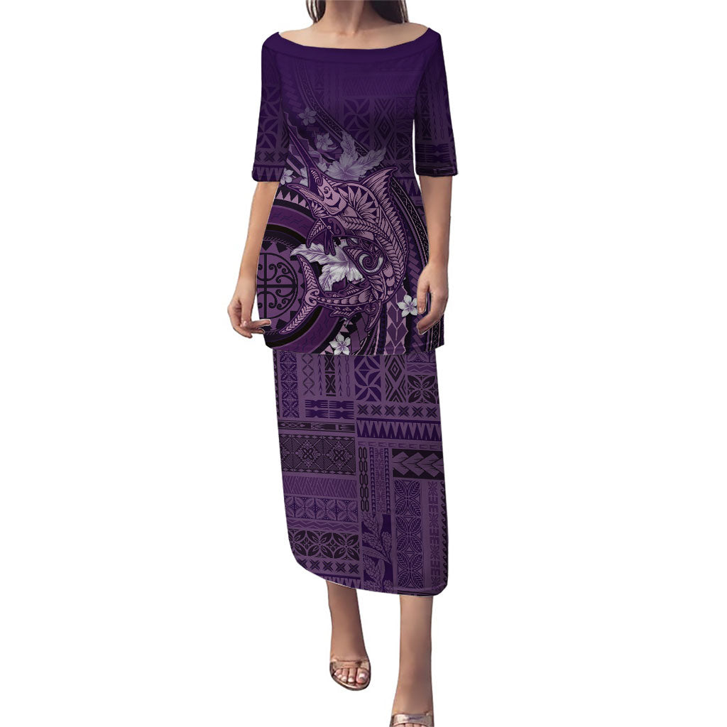Samoa Tatau Marlin Puletasi With Siapo Motifs Violet LT05 Long Dress Violet - Polynesian Pride
