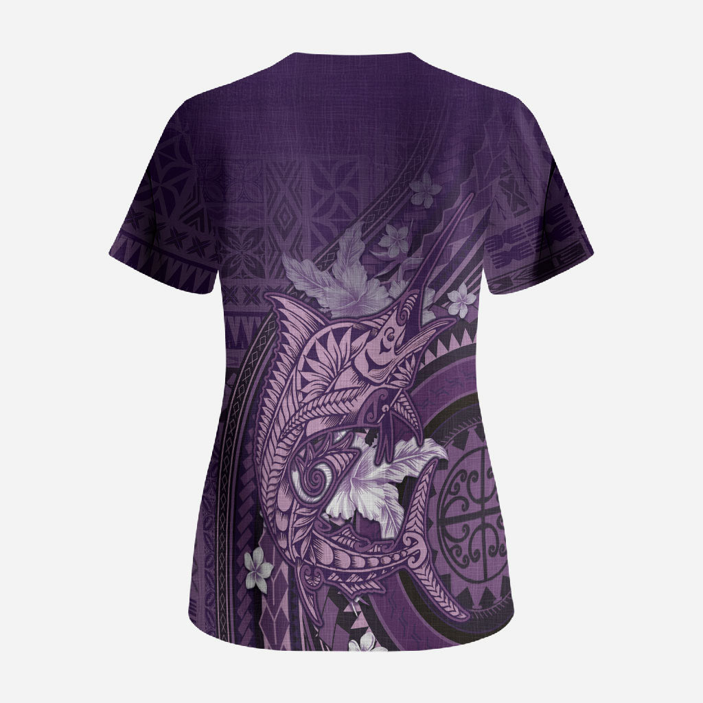 Samoa Tatau Marlin Scrub Top With Siapo Motifs Violet LT05 - Polynesian Pride