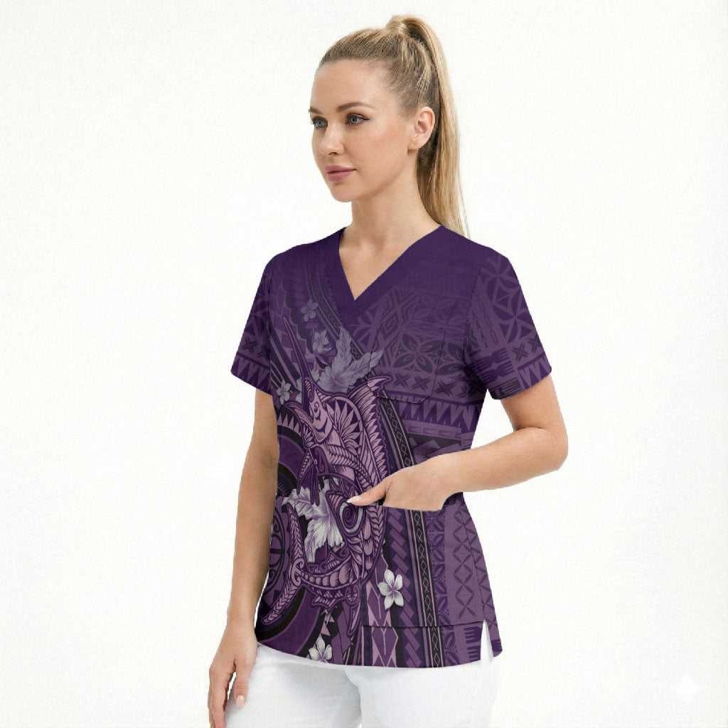 Samoa Tatau Marlin Scrub Top With Siapo Motifs Violet LT05 - Polynesian Pride