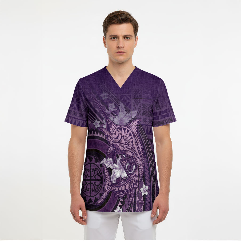 Samoa Tatau Marlin Scrub Top With Siapo Motifs Violet LT05 - Polynesian Pride