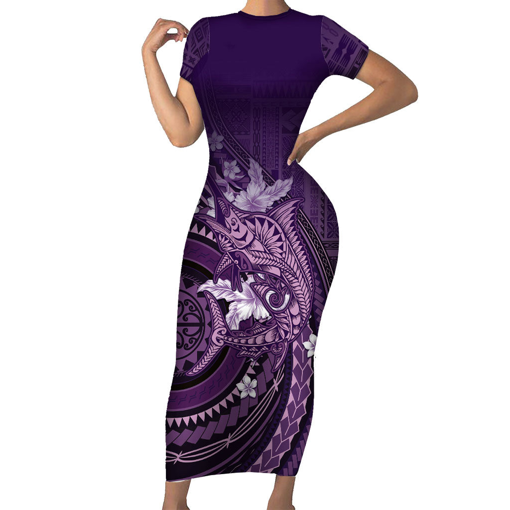 Samoa Tatau Marlin Short Sleeve Bodycon Dress With Siapo Motifs Violet LT05 Long Dress Violet - Polynesian Pride