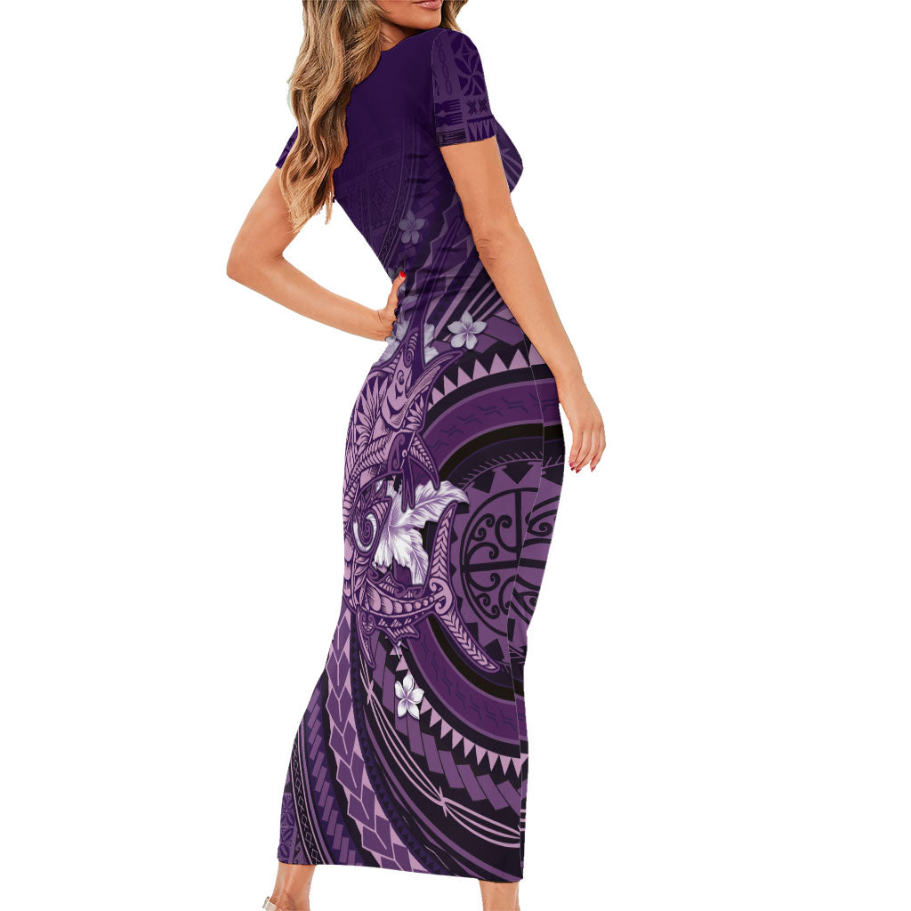 Samoa Tatau Marlin Short Sleeve Bodycon Dress With Siapo Motifs Violet LT05 - Polynesian Pride