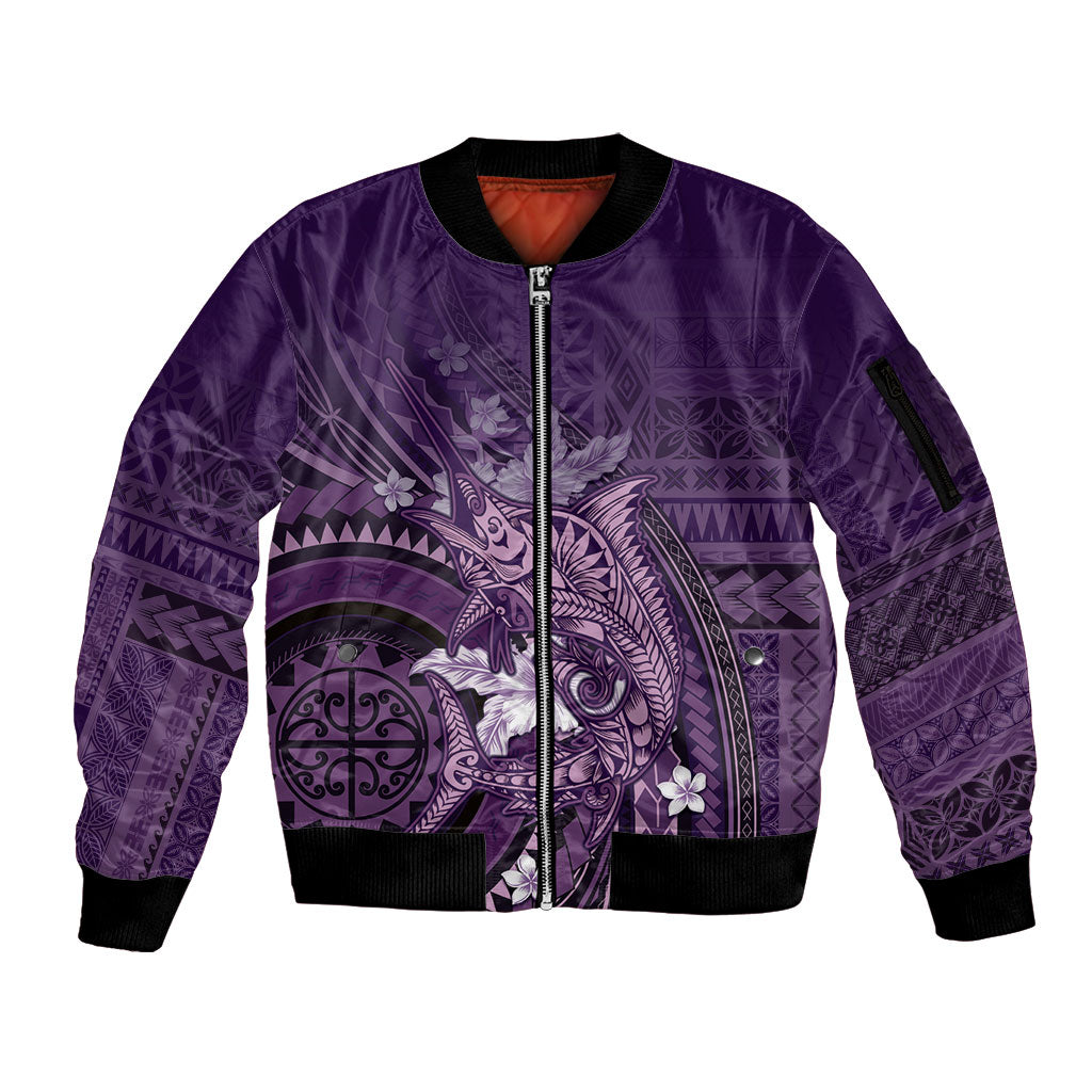 Samoa Tatau Marlin Sleeve Zip Bomber Jacket With Siapo Motifs Violet LT05 Unisex Violet - Polynesian Pride