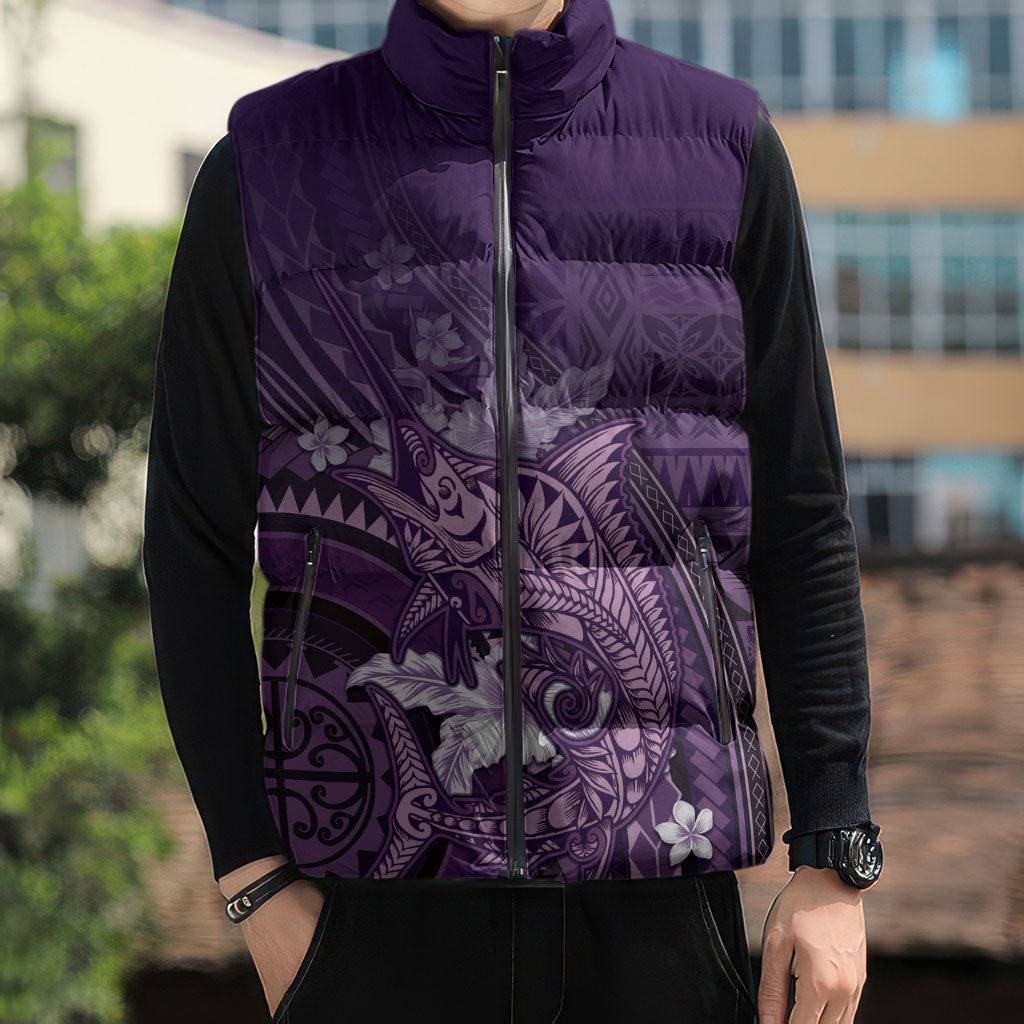 Samoa Tatau Marlin Sleeveless Puffer Jacket With Siapo Motifs Violet LT05 - Polynesian Pride