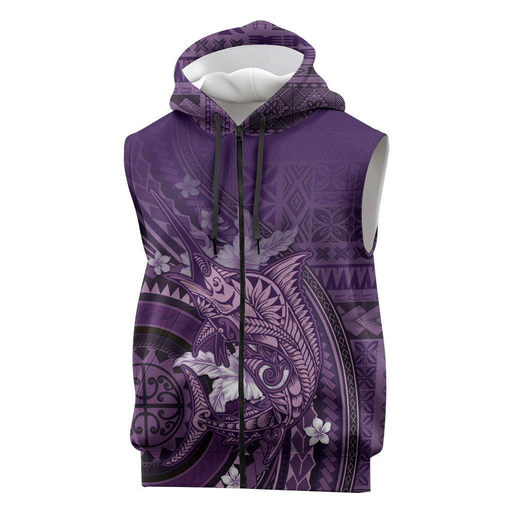 Samoa Tatau Marlin Sleeveless Zip Hoodie With Siapo Motifs Violet LT05 Violet - Polynesian Pride