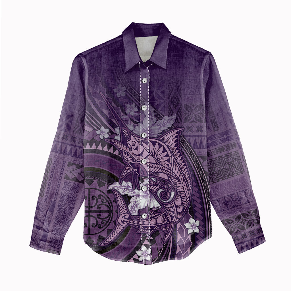 Samoa Tatau Marlin Women Casual Shirt With Siapo Motifs Violet LT05 - Polynesian Pride