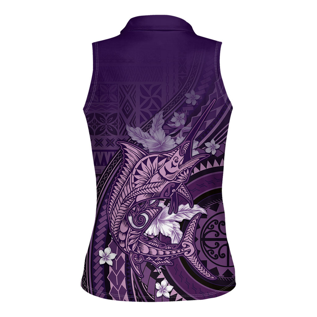 Samoa Tatau Marlin Women Sleeveless Polo Shirt With Siapo Motifs Violet LT05 - Polynesian Pride