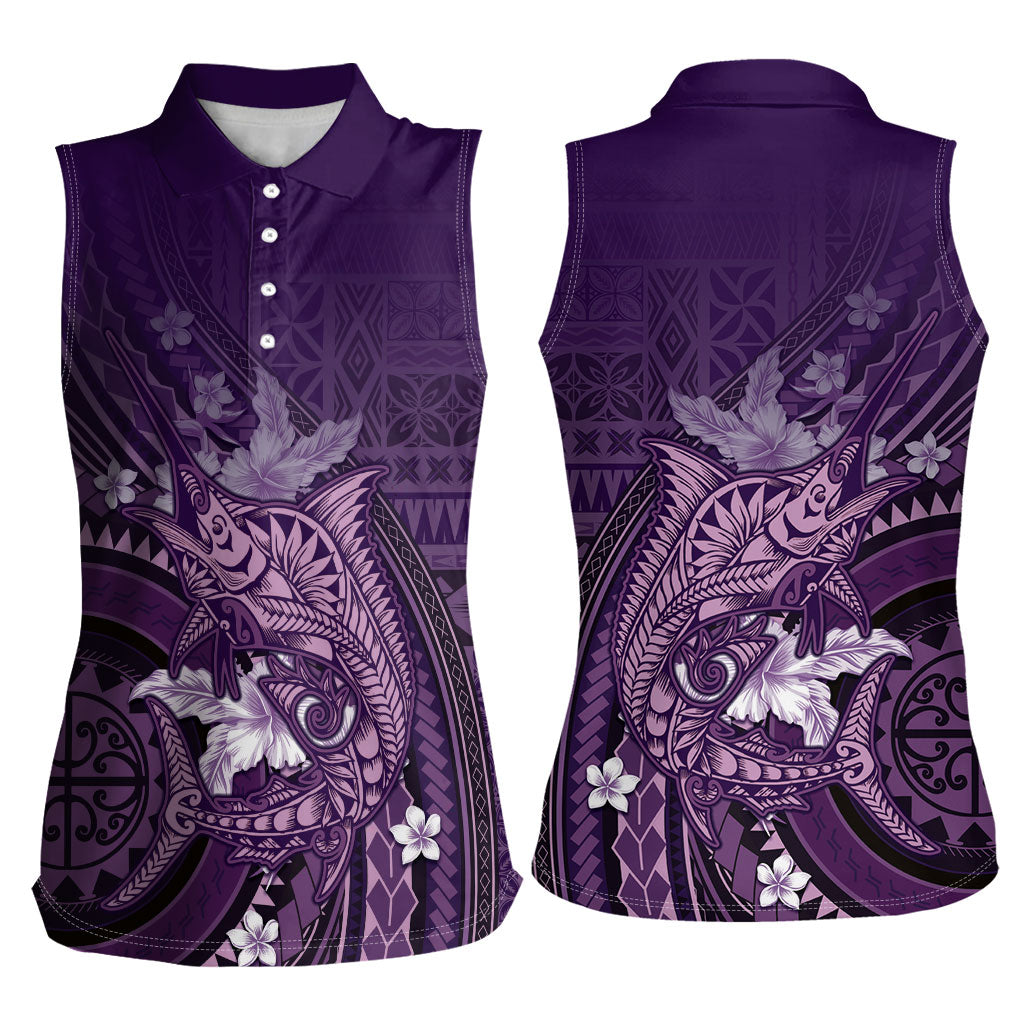 Samoa Tatau Marlin Women Sleeveless Polo Shirt With Siapo Motifs Violet LT05 - Polynesian Pride