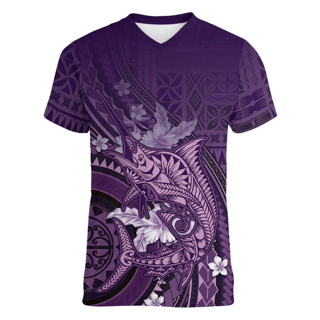 Samoa Tatau Marlin Women V-Neck T-Shirt With Siapo Motifs Violet LT05 Female Violet - Polynesian Pride
