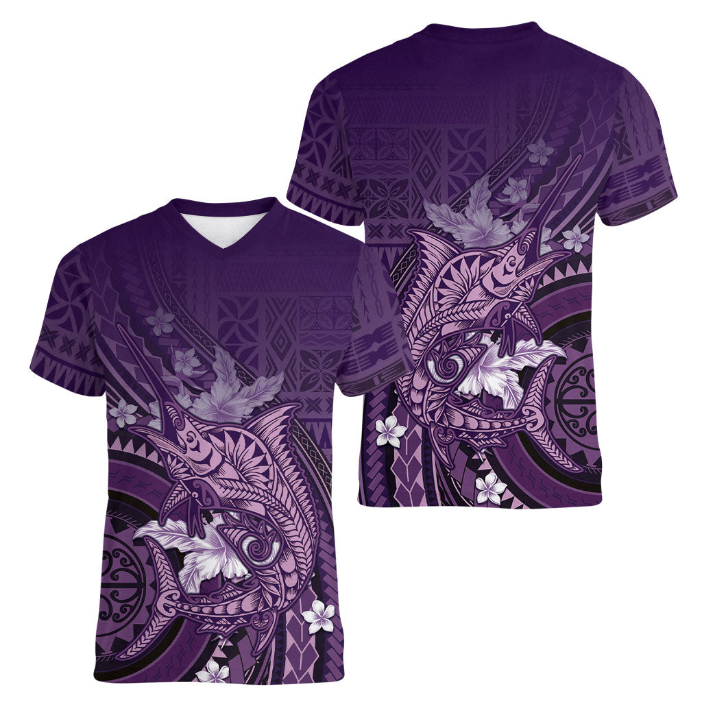 Samoa Tatau Marlin Women V-Neck T-Shirt With Siapo Motifs Violet LT05 - Polynesian Pride