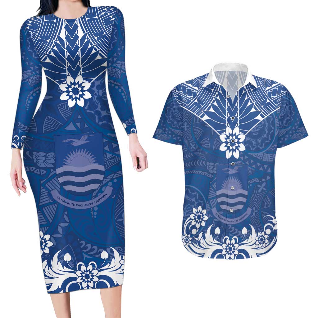 Wikin te Taetae ni Kiribati Couples Matching Long Sleeve Bodycon Dress and Hawaiian Shirt Pacific Tapa Pattern LT05 Blue - Polynesian Pride