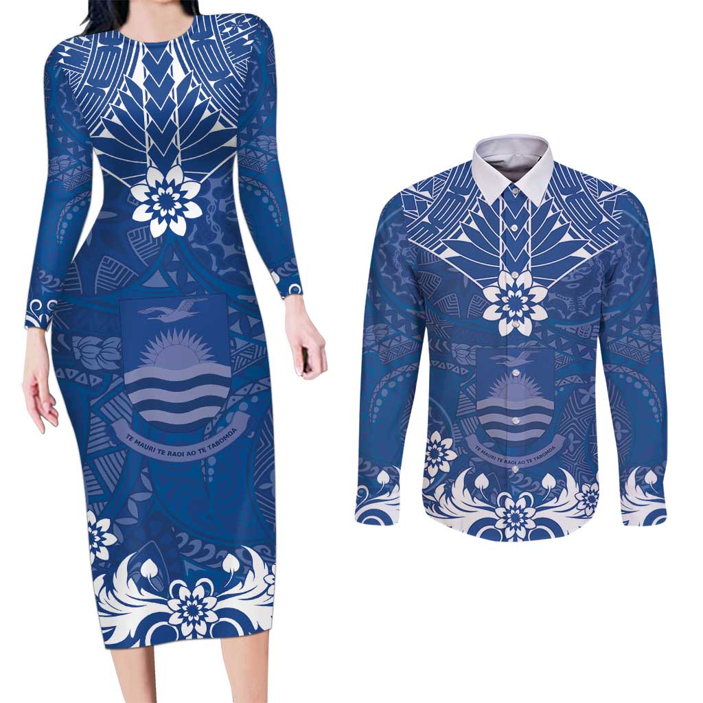 Wikin te Taetae ni Kiribati Couples Matching Long Sleeve Bodycon Dress and Long Sleeve Button Shirt Pacific Tapa Pattern LT05 Blue - Polynesian Pride