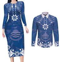 Wikin te Taetae ni Kiribati Couples Matching Long Sleeve Bodycon Dress and Long Sleeve Button Shirt Pacific Tapa Pattern LT05 Blue - Polynesian Pride