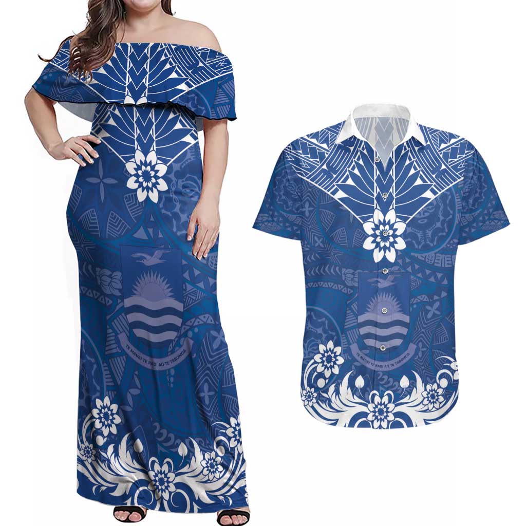 Wikin te Taetae ni Kiribati Couples Matching Off Shoulder Maxi Dress and Hawaiian Shirt Pacific Tapa Pattern