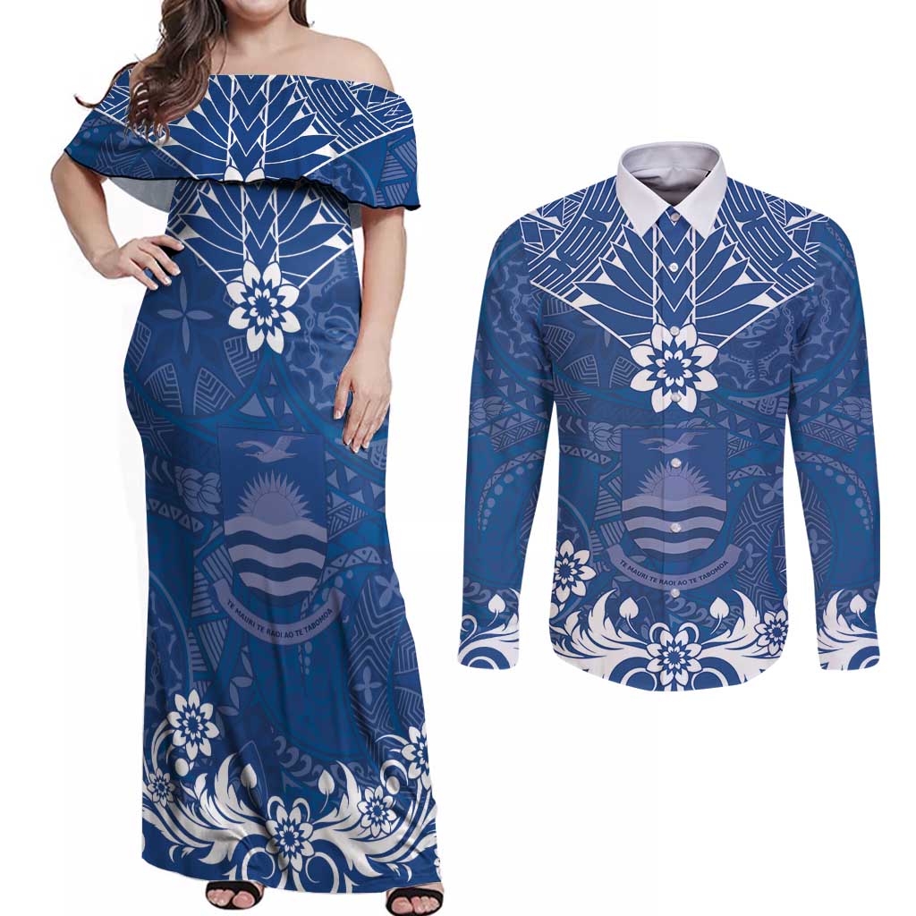 Wikin te Taetae ni Kiribati Couples Matching Off Shoulder Maxi Dress and Long Sleeve Button Shirt Pacific Tapa Pattern