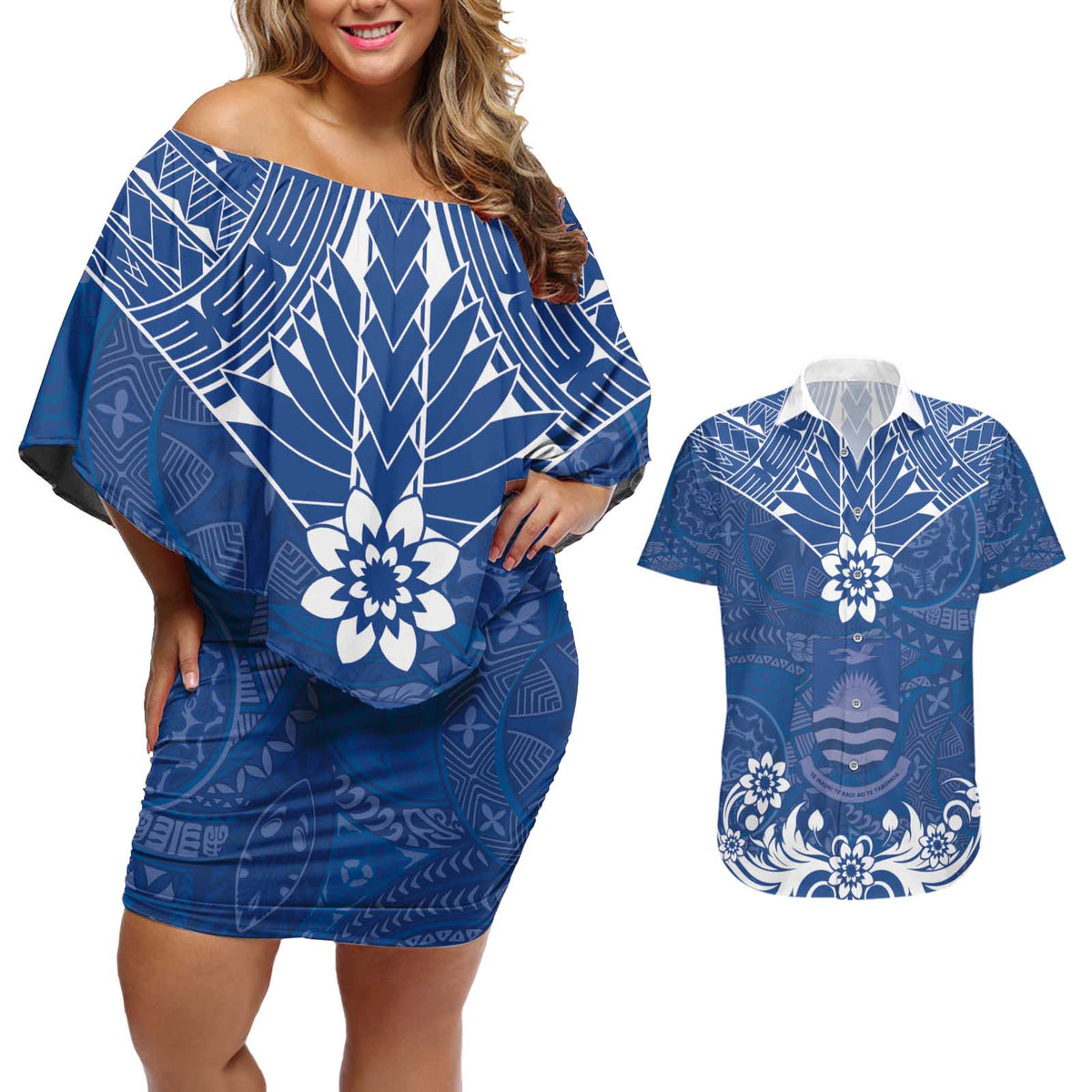 Wikin te Taetae ni Kiribati Couples Matching Off Shoulder Short Dress and Hawaiian Shirt Pacific Tapa Pattern LT05 Blue - Polynesian Pride