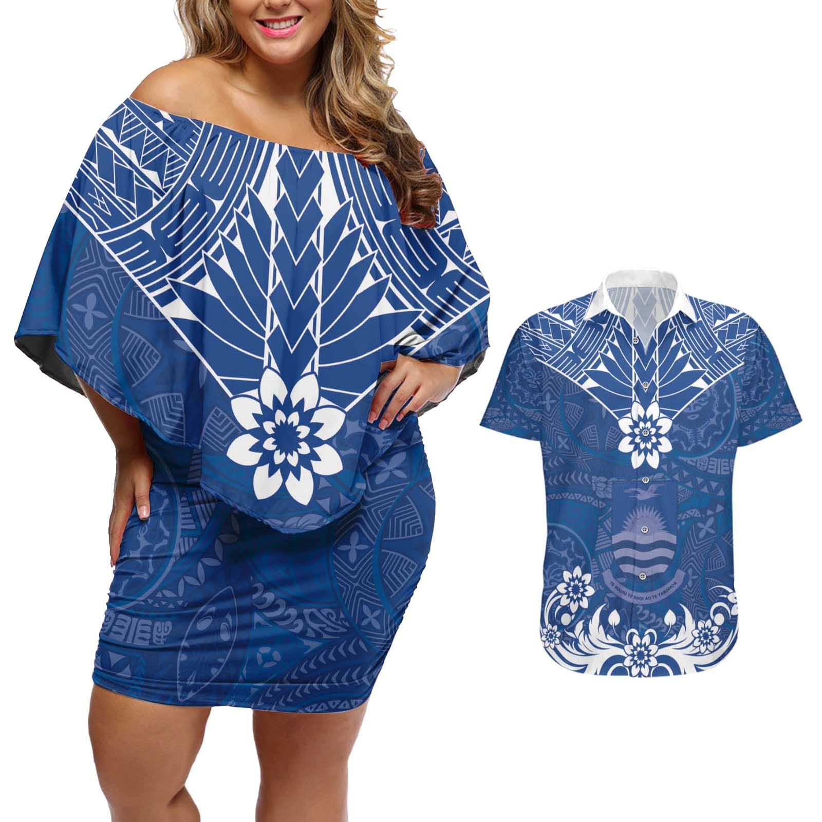Wikin te Taetae ni Kiribati Couples Matching Off Shoulder Short Dress and Hawaiian Shirt Pacific Tapa Pattern LT05 Blue - Polynesian Pride