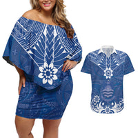 Wikin te Taetae ni Kiribati Couples Matching Off Shoulder Short Dress and Hawaiian Shirt Pacific Tapa Pattern LT05 Blue - Polynesian Pride
