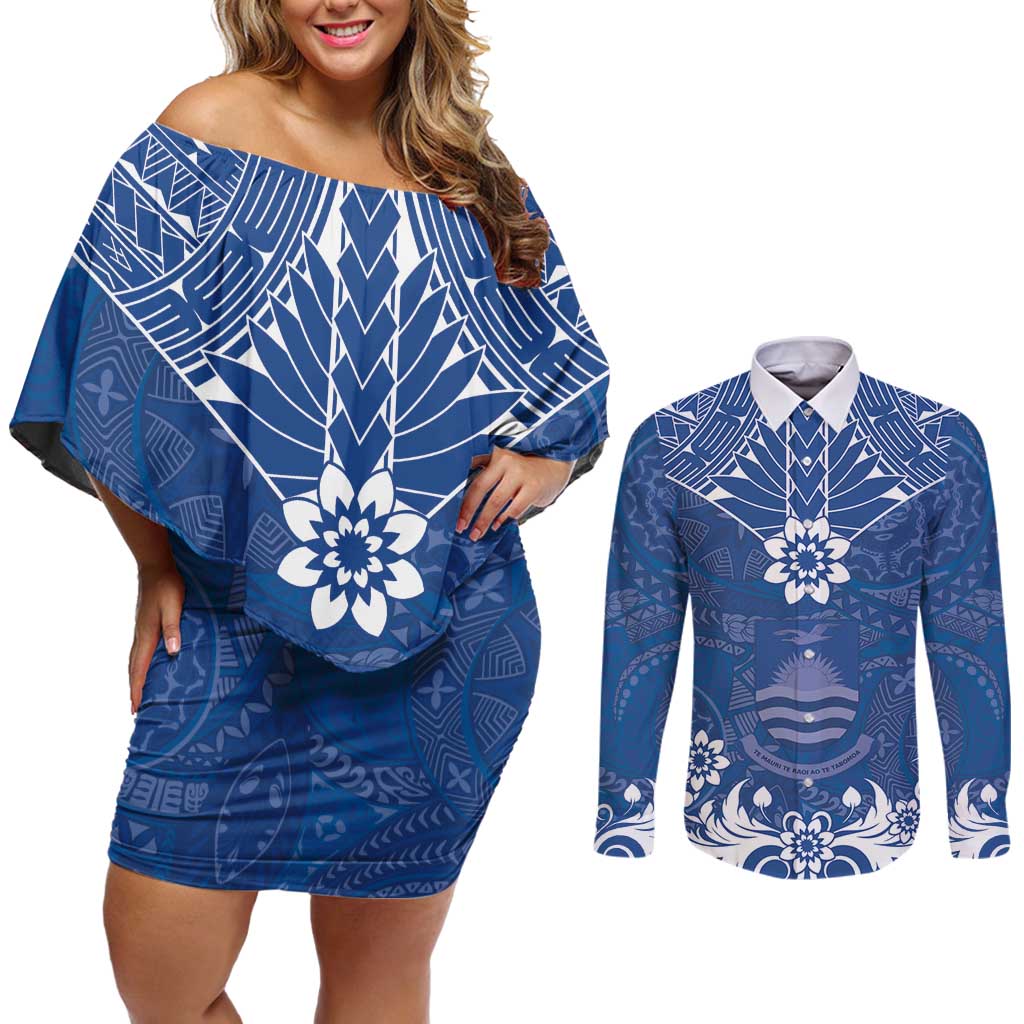 Wikin te Taetae ni Kiribati Couples Matching Off Shoulder Short Dress and Long Sleeve Button Shirt Pacific Tapa Pattern