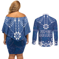 Wikin te Taetae ni Kiribati Couples Matching Off Shoulder Short Dress and Long Sleeve Button Shirt Pacific Tapa Pattern LT05 - Polynesian Pride
