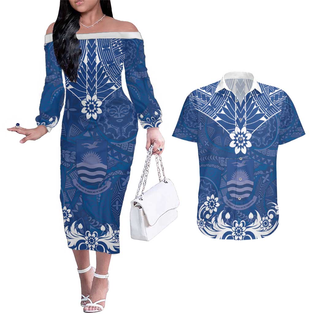 Wikin te Taetae ni Kiribati Couples Matching Off The Shoulder Long Sleeve Dress and Hawaiian Shirt Pacific Tapa Pattern LT05 Blue - Polynesian Pride