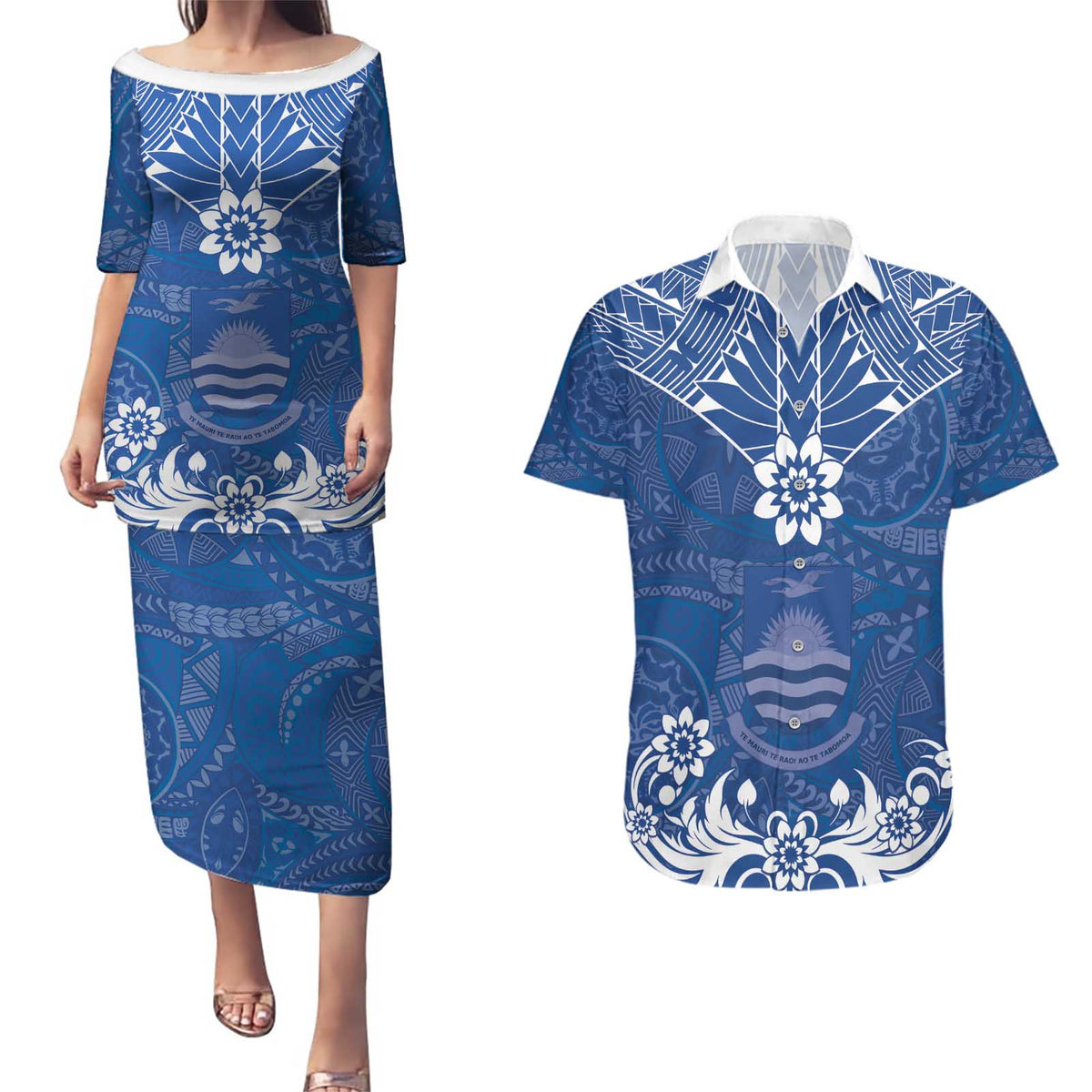Wikin te Taetae ni Kiribati Couples Matching Puletasi and Hawaiian Shirt Pacific Tapa Pattern LT05 Blue - Polynesian Pride