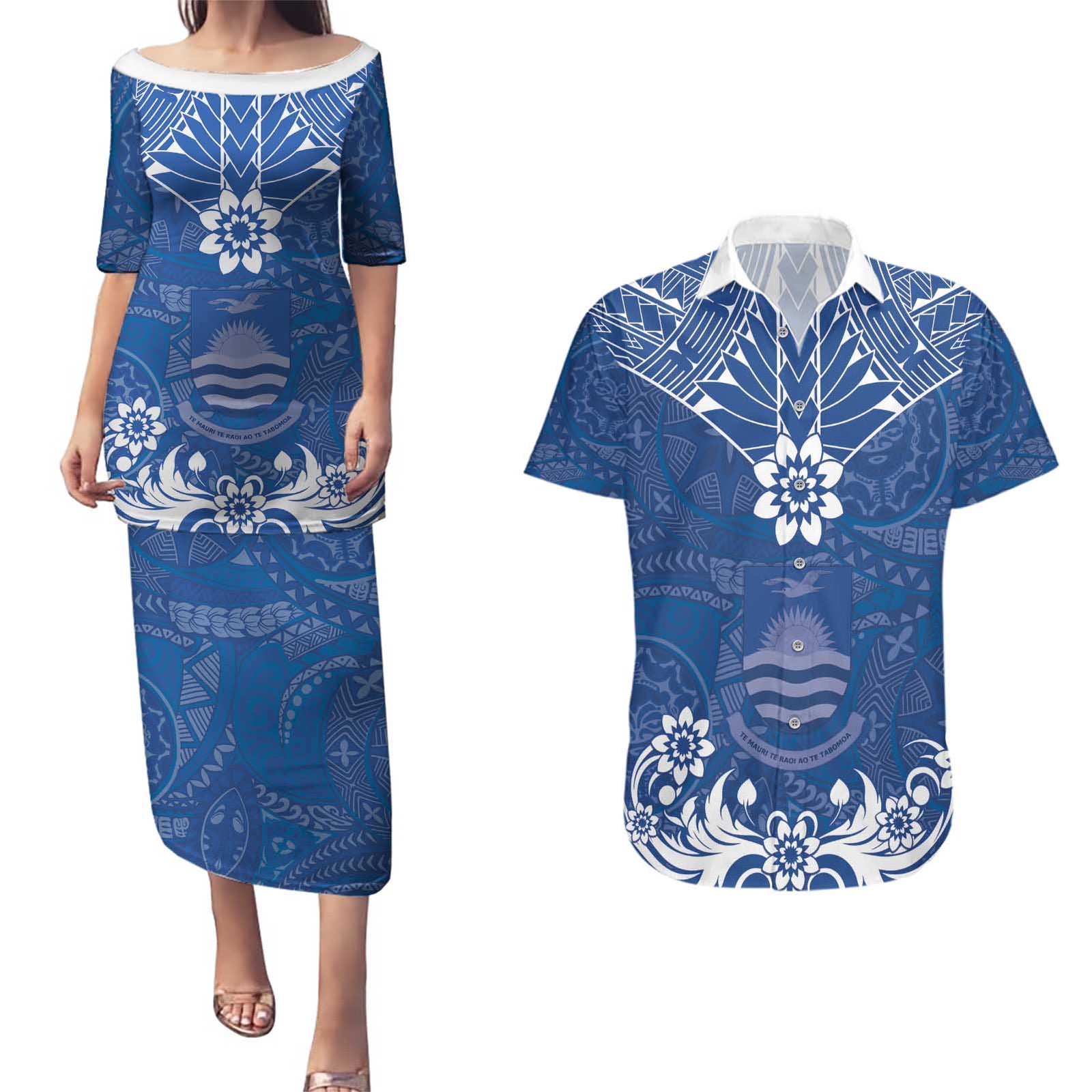 Wikin te Taetae ni Kiribati Couples Matching Puletasi and Hawaiian Shirt Pacific Tapa Pattern LT05 Blue - Polynesian Pride