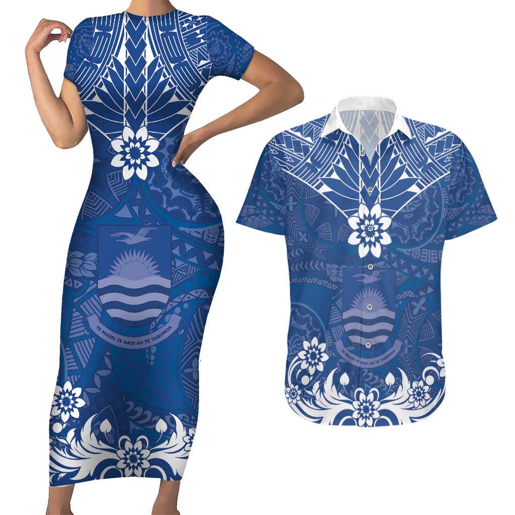 Wikin te Taetae ni Kiribati Couples Matching Short Sleeve Bodycon Dress and Hawaiian Shirt Pacific Tapa Pattern LT05 Blue - Polynesian Pride