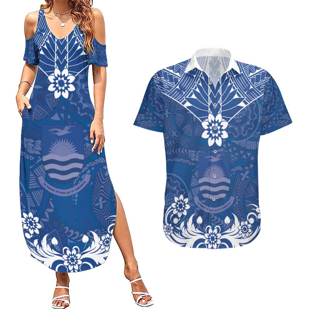 Wikin te Taetae ni Kiribati Couples Matching Summer Maxi Dress and Hawaiian Shirt Pacific Tapa Pattern LT05 Blue - Polynesian Pride