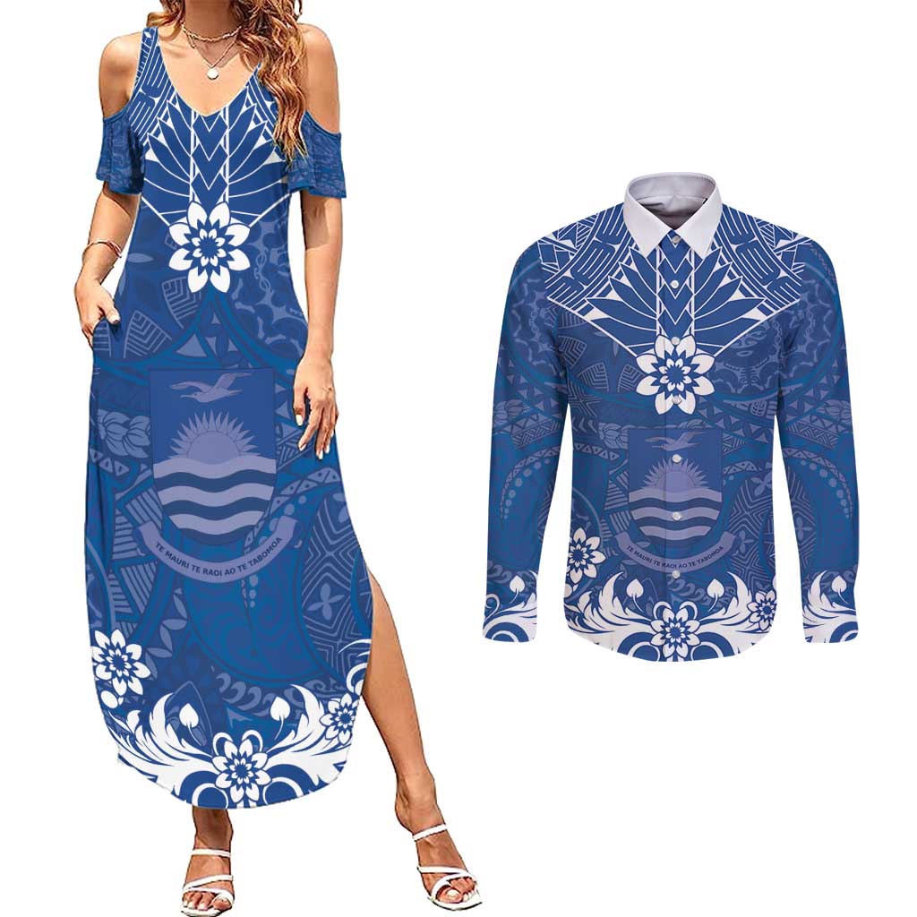 Wikin te Taetae ni Kiribati Couples Matching Summer Maxi Dress and Long Sleeve Button Shirt Pacific Tapa Pattern