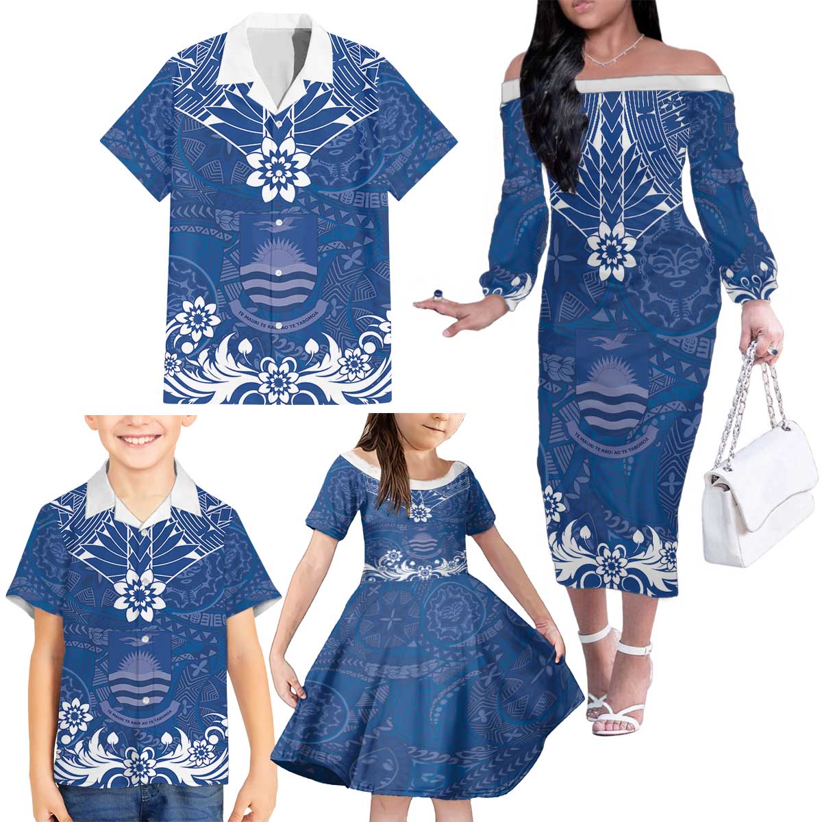 Wikin te Taetae ni Kiribati Family Matching Off The Shoulder Long Sleeve Dress and Hawaiian Shirt Pacific Tapa Pattern
