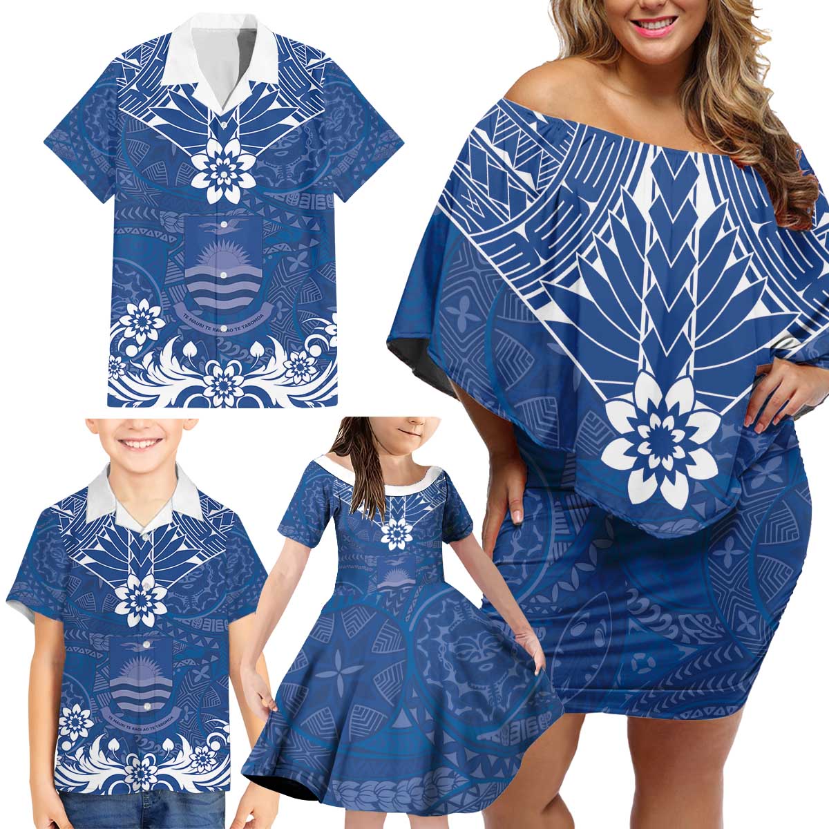 Wikin te Taetae ni Kiribati Family Matching Off Shoulder Short Dress and Hawaiian Shirt Pacific Tapa Pattern