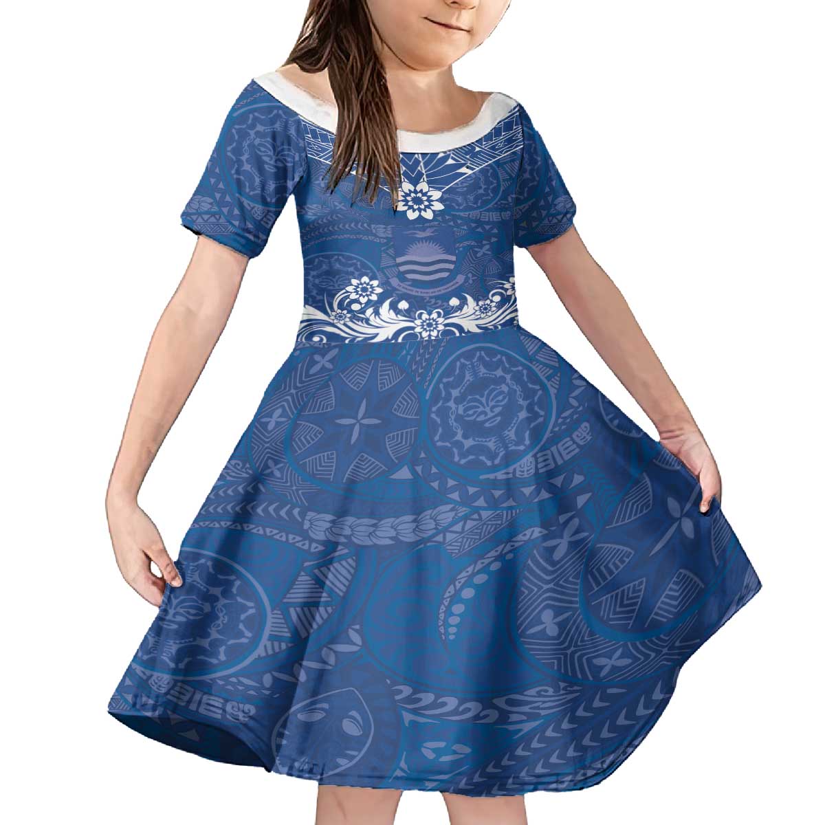 Wikin te Taetae ni Kiribati Family Matching Puletasi and Hawaiian Shirt Pacific Tapa Pattern LT05 Daughter's Dress Blue - Polynesian Pride