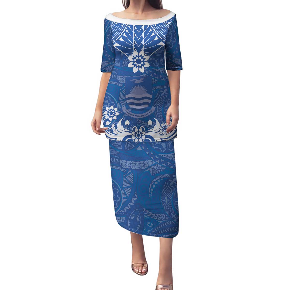 Wikin te Taetae ni Kiribati Family Matching Puletasi and Hawaiian Shirt Pacific Tapa Pattern LT05 Mom's Dress Blue - Polynesian Pride