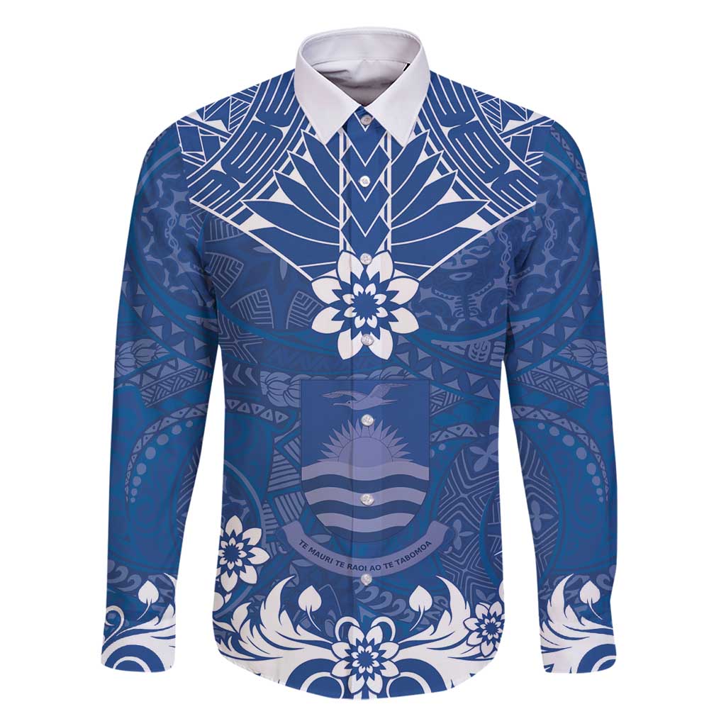 Wikin te Taetae ni Kiribati Family Matching Summer Maxi Dress and Hawaiian Shirt Pacific Tapa Pattern LT05 Dad's Shirt - Long Sleeve Blue - Polynesian Pride