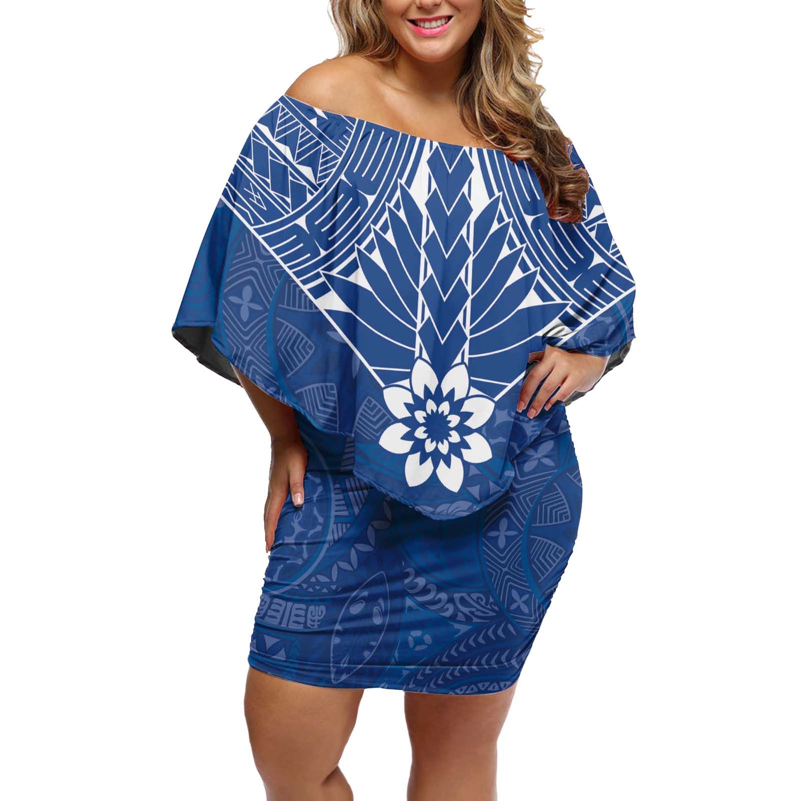 Wikin te Taetae ni Kiribati Off Shoulder Short Dress Pacific Tapa Pattern LT05 Women Blue - Polynesian Pride