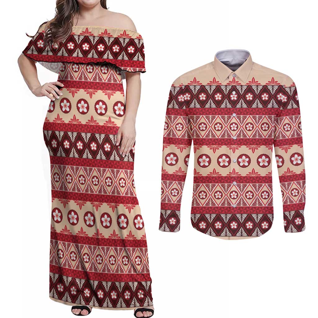 Tonga Language Week Couples Matching Off Shoulder Maxi Dress and Long Sleeve Button Shirt Lea Faka-Tonga Everyday LT05 Beige - Polynesian Pride